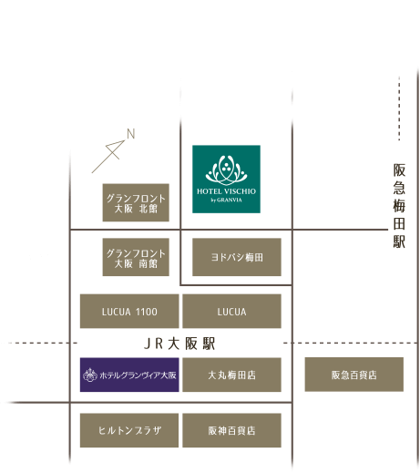 格兰比亚大阪维斯奇欧酒店与梅田周边位置图
